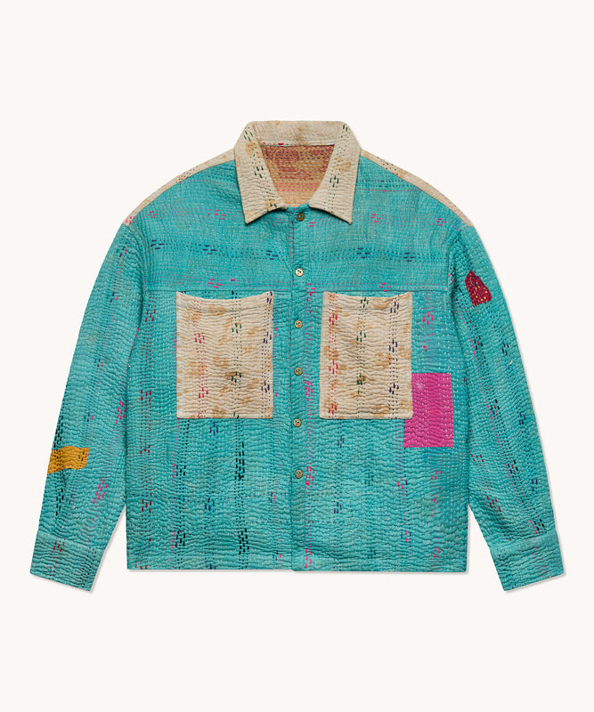 L'ÎLE BLEUE - VESTE EN KANTHA REVERSIBLE POUR HOMME BLEU ET JAUNE