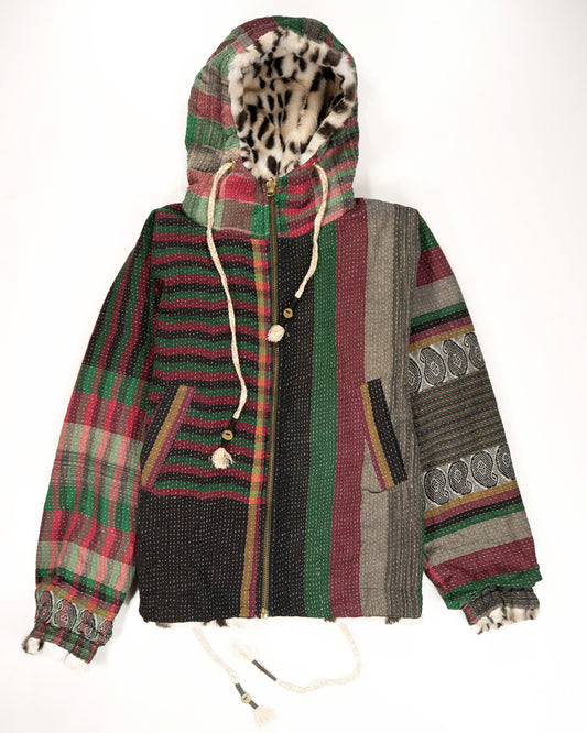 L’ÎLE BLEUE - HOODY FOURRÉ LÉOPARD EN KANTHA COULEUR 25