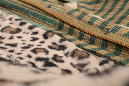 L’ÎLE BLEUE - MANTEAU FOURRÉ LÉOPARD EN KANTHA COULEUR 1