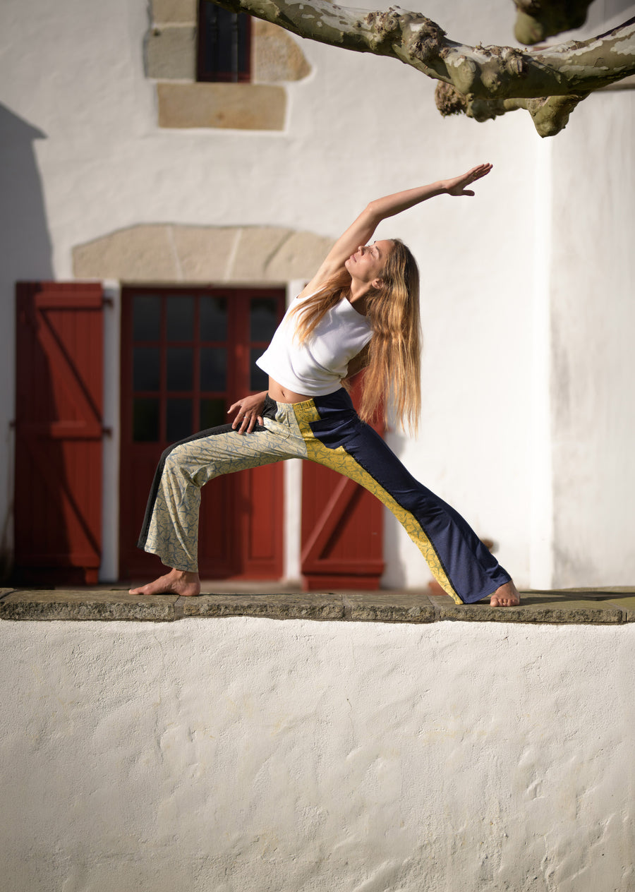 PANTALON FEMME FLARE 60S PATCHWORK JAUNE ET MARINE