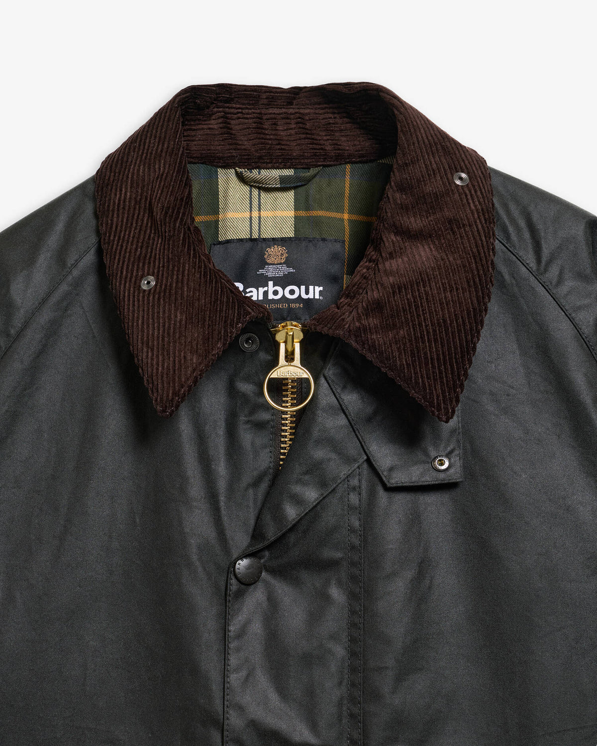 Gros plan sur la veste cirée Barbour Transport Sage pour homme