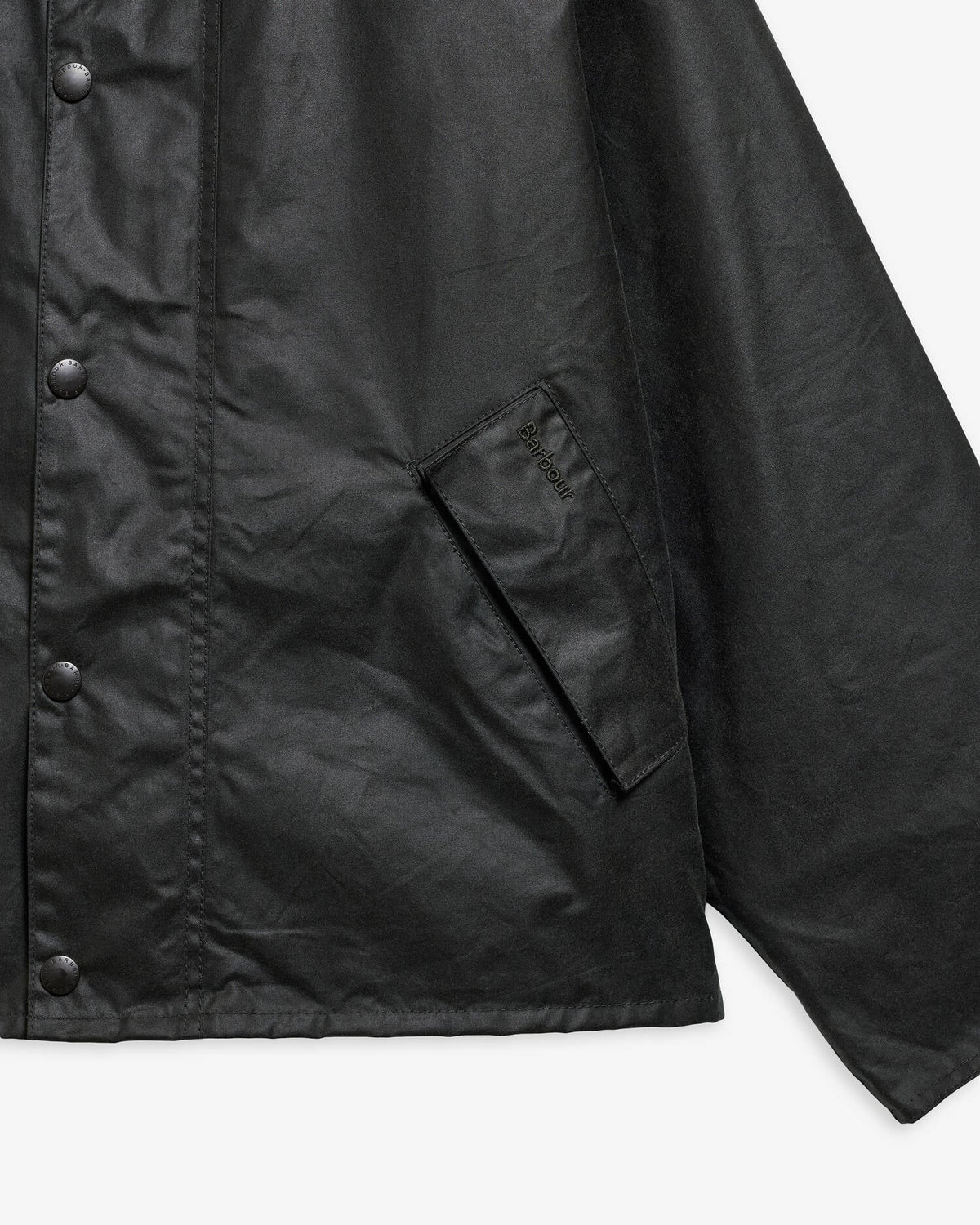 Détail du coton ciré de la veste Barbour Transport Sage