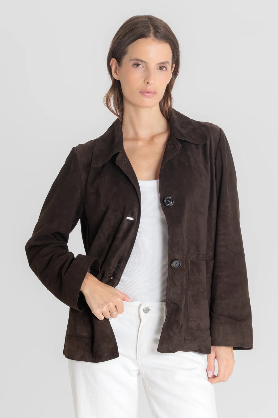 Veste femme Serge Pariente Juna cuir velours brown, vue de détail