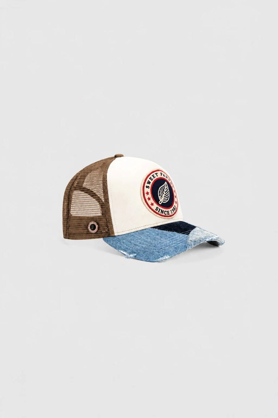 Casquette trucker Sweet Pants Patchwork coloris toffee, vue de détail