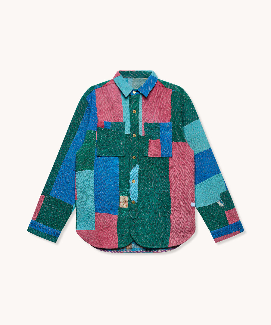 L'ÎLE BLEUE - SURCHEMISE PAUL EN KANTHA GÉOMETRIQUE