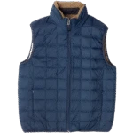 Doudoune sans manches réversible bleu marine et beige portée, style streetwear