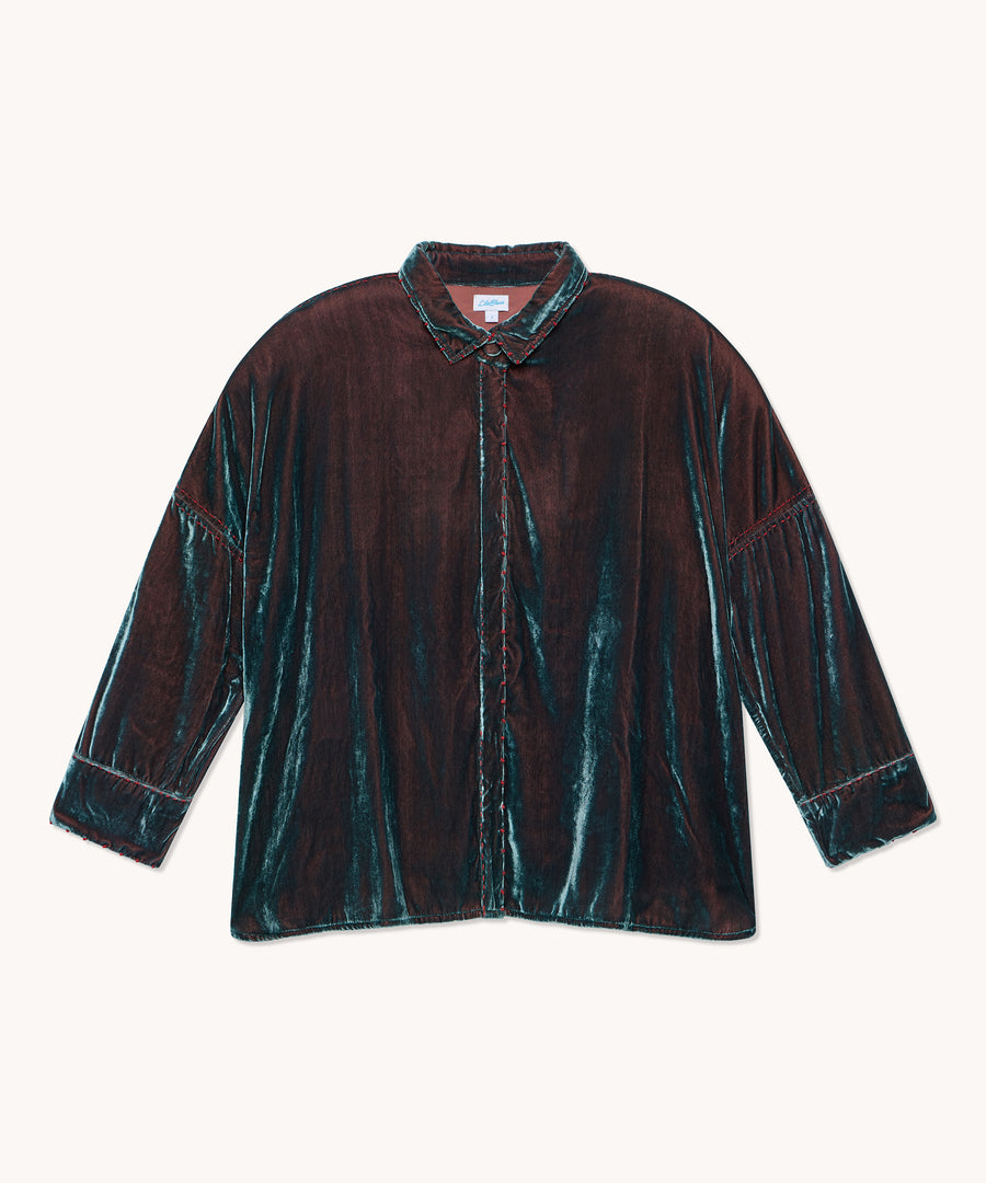 Chemise femme L'Île Bleue Caroline velours de soie vert et orange, vue principale