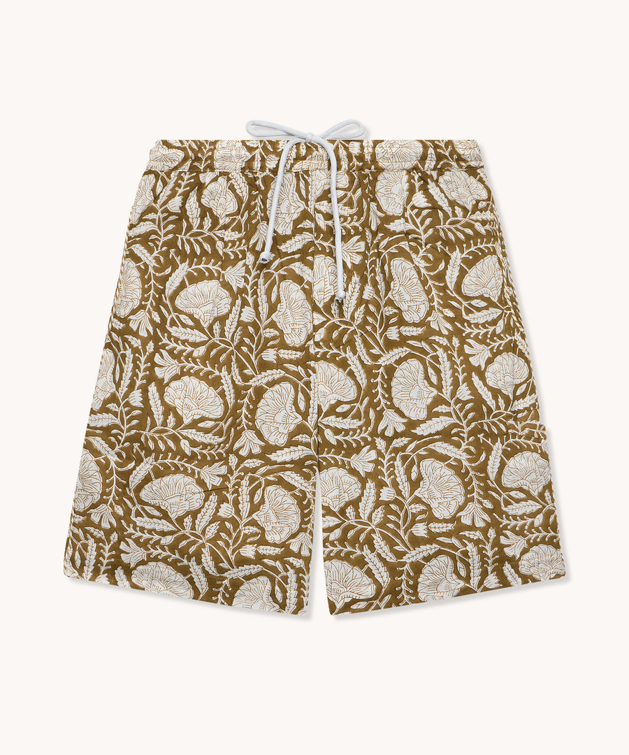 L'ILE BLEUE - Short Malte blockprint fleuri beige