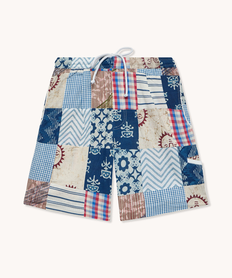 L'ILE BLEUE - Short Ometepe Patchwork Blockprint Bleu