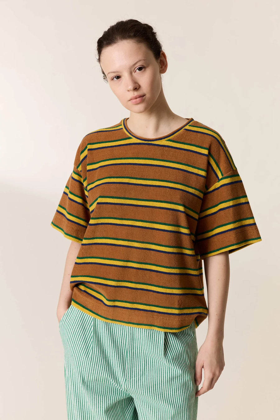 LEON & HARPER - T-SHIRT ÉPONGE RAYÉ MARRON & JAUNE