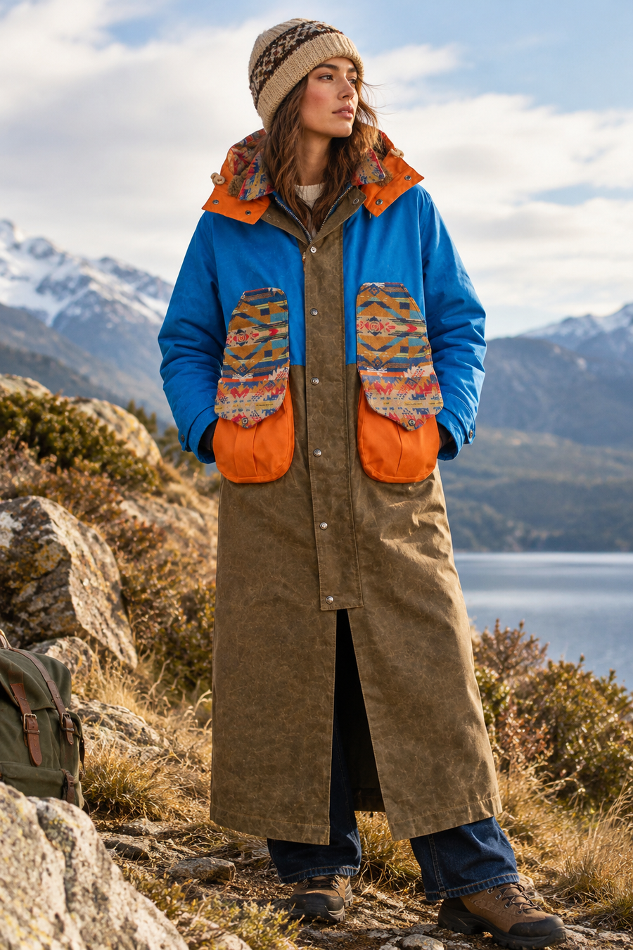 Parka femme Manifattura Ceccarelli Native longue bleu et orange, portée