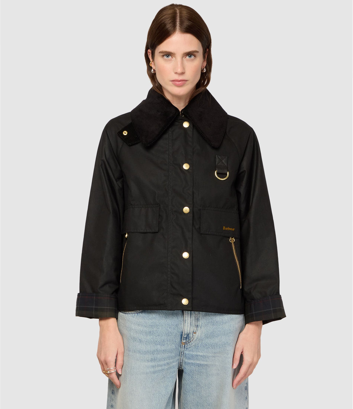 Veste cirée Barbour Catton noire à col velours femme, vue principale