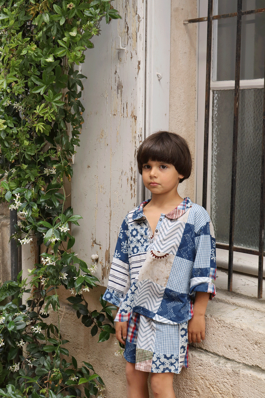 L'ÎLE BLEUE - BLUE PATCHWORK CHILD'S BLOUSE