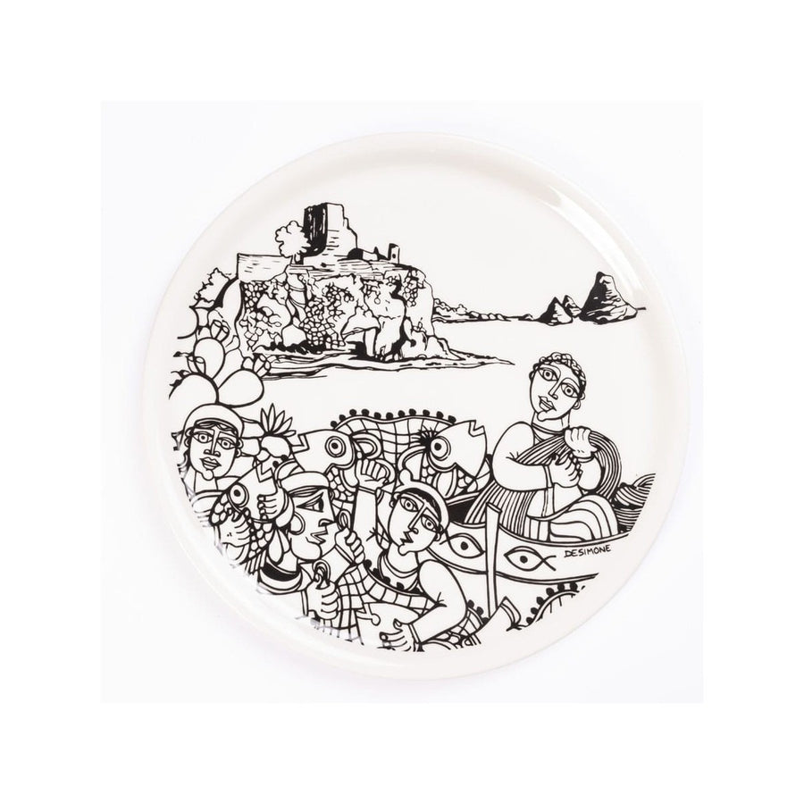 Assiette à pizza Aci Castello Ceramiche De Simone noir et blanc, vue principale