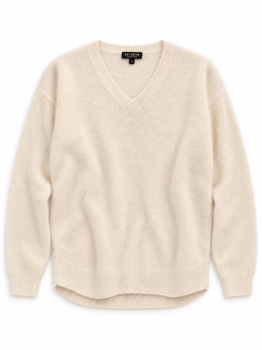 Pull col V bas arrondi Esthème raccoon coloris crème, vue principale