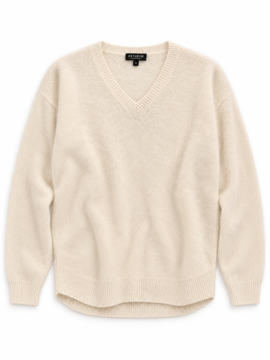 Pull col V bas arrondi Esthème raccoon coloris crème, vue principale