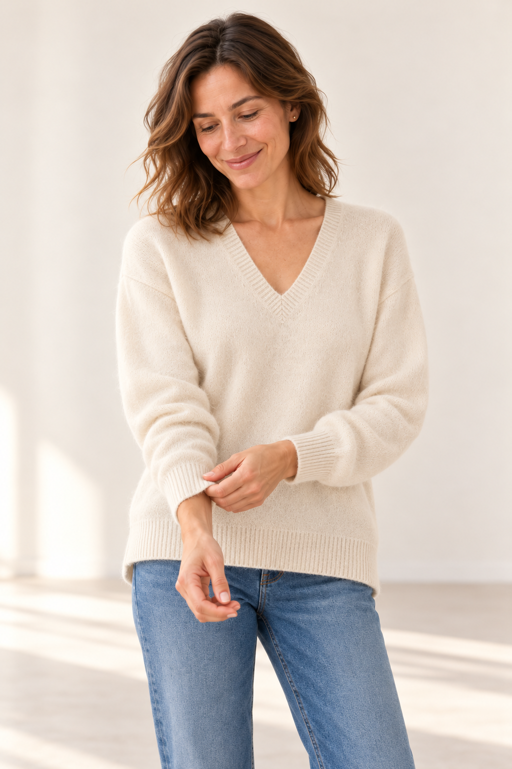 Pull col V bas arrondi Esthème raccoon coloris crème, quatrième vue
