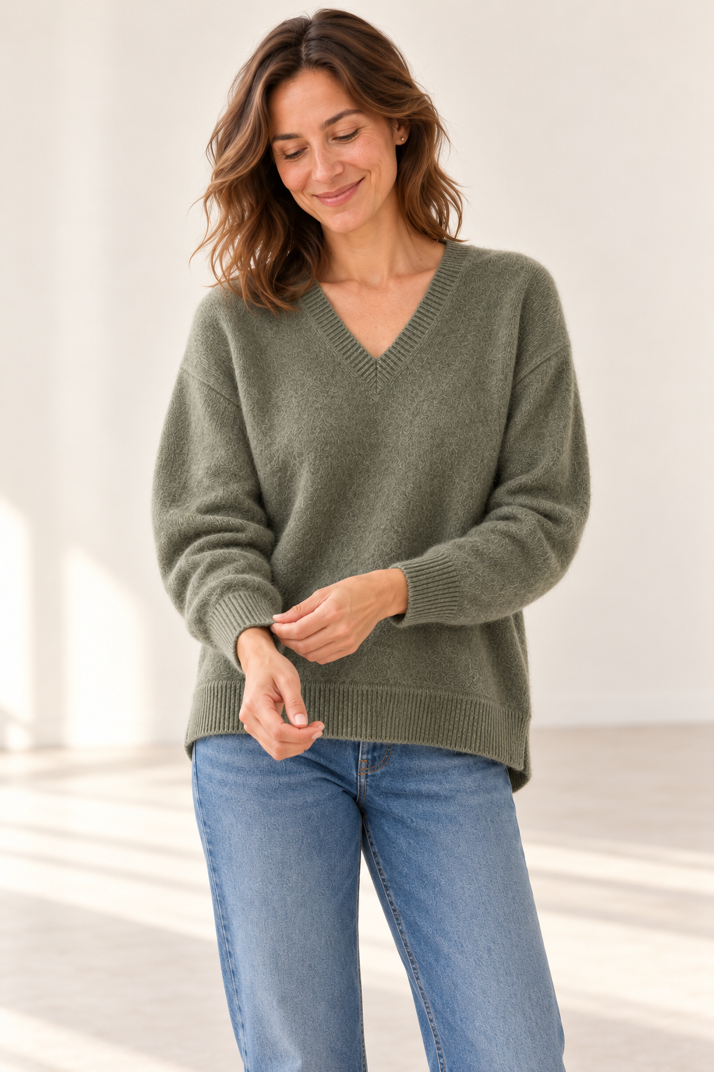 Pull col V bas arrondi Esthème raccoon coloris végétal, deuxième vue