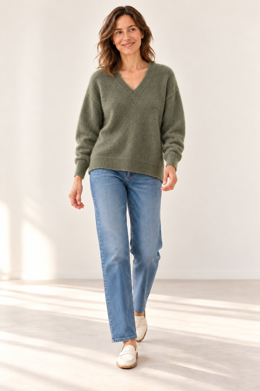 Pull col V bas arrondi Esthème raccoon coloris végétal, quatrième vue