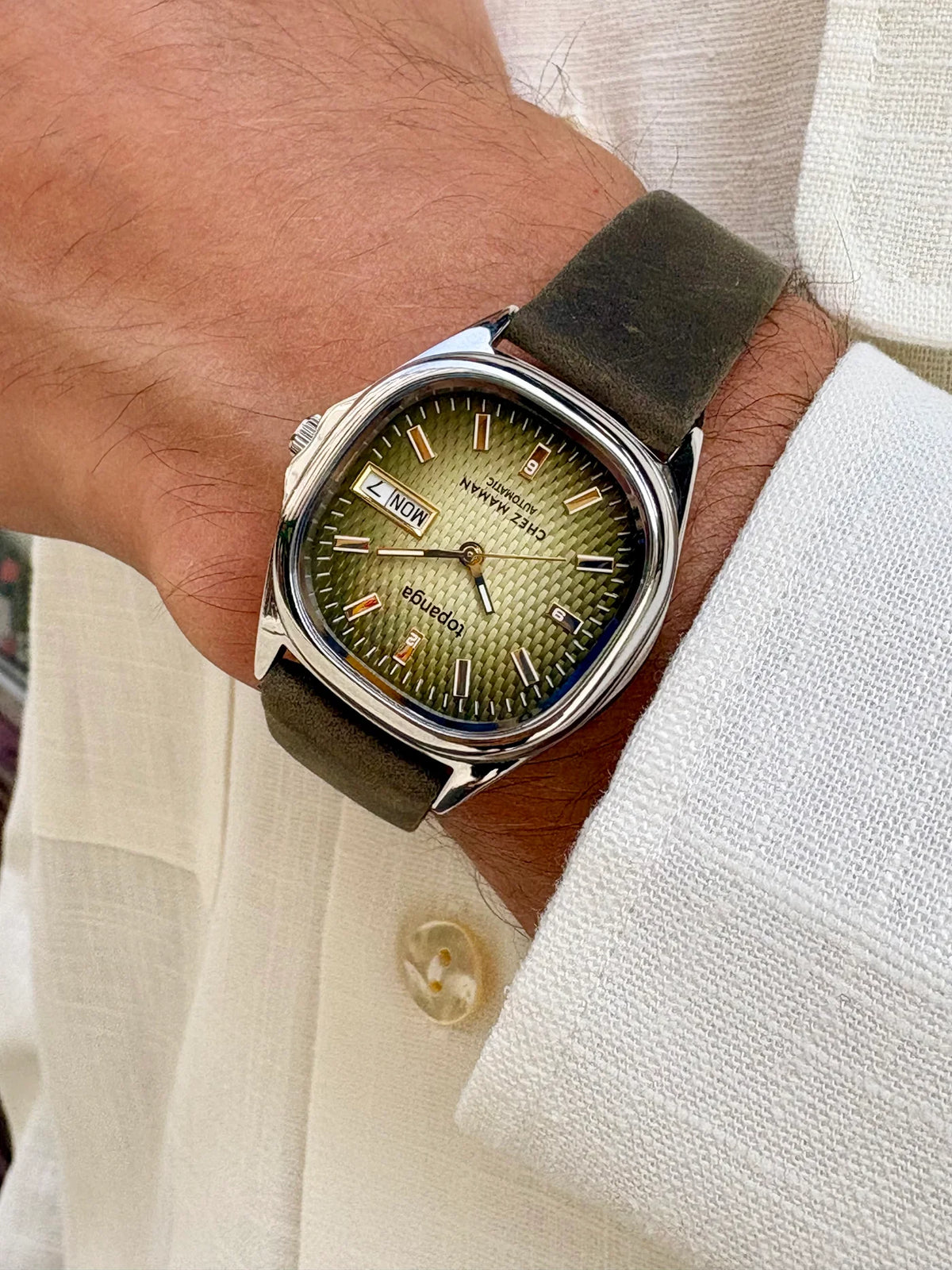 Montre Chez Maman Topanga Green Silver cuir kaki, troisième vue