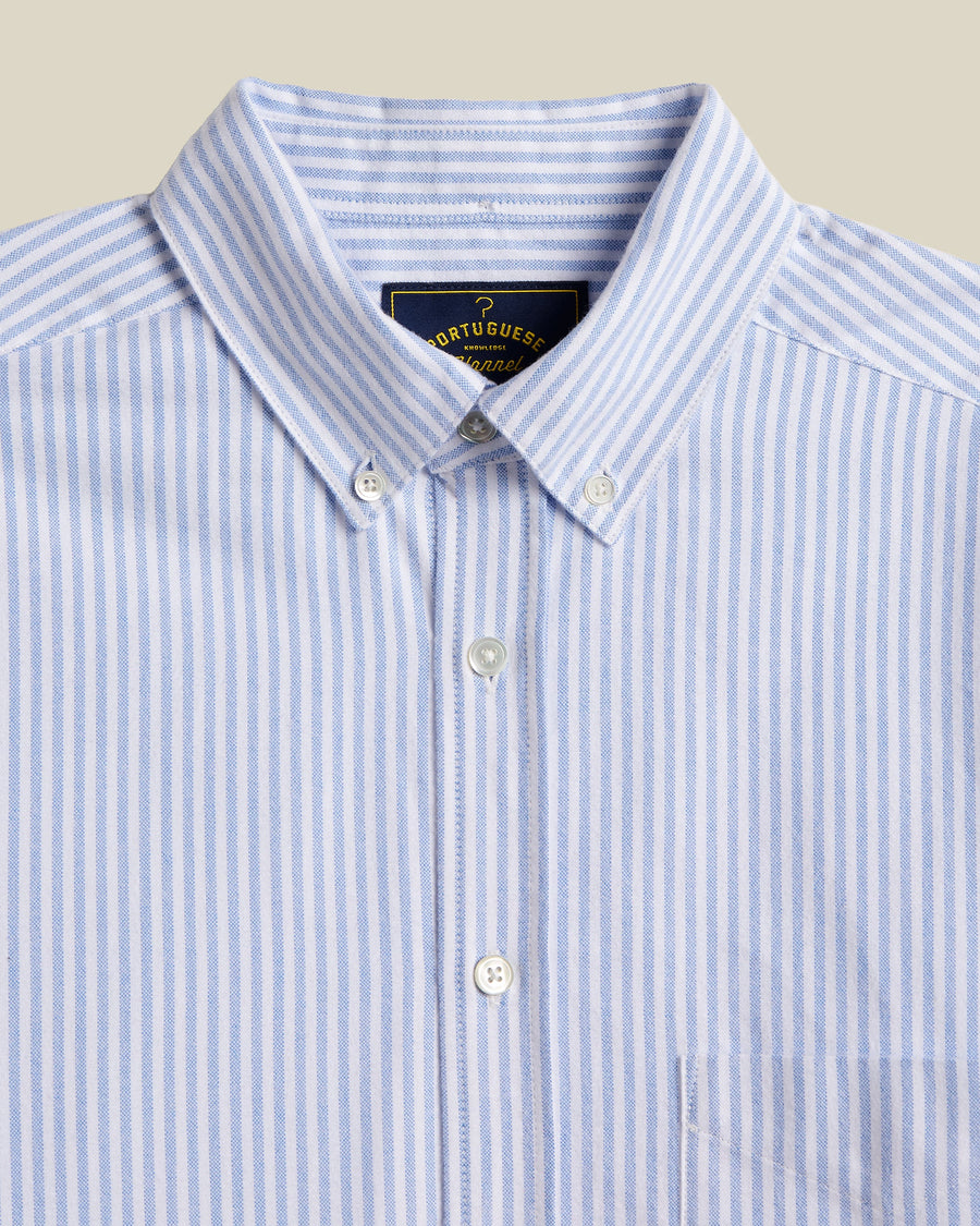 Détail du col boutonné de la chemise Oxford rayée bleue
