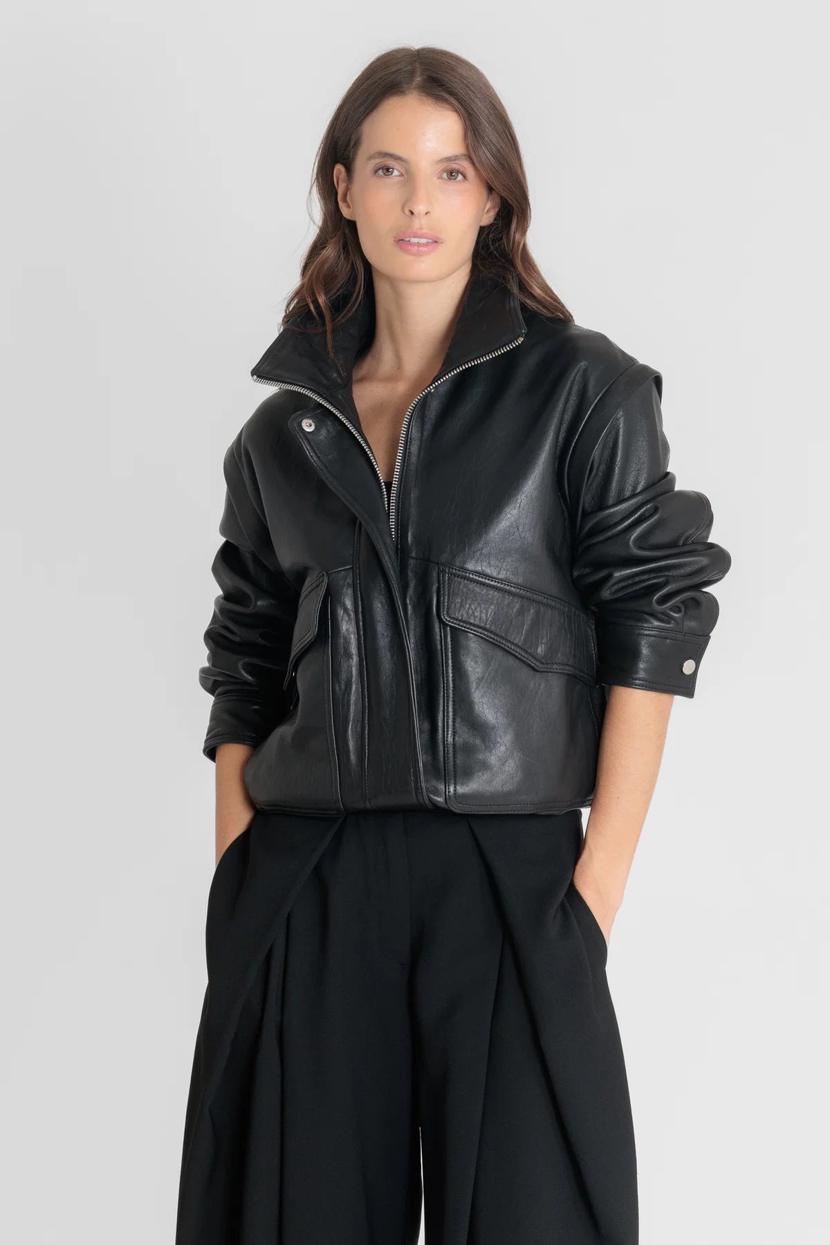 Blouson cuir femme FLOW Black oversize vue de face
