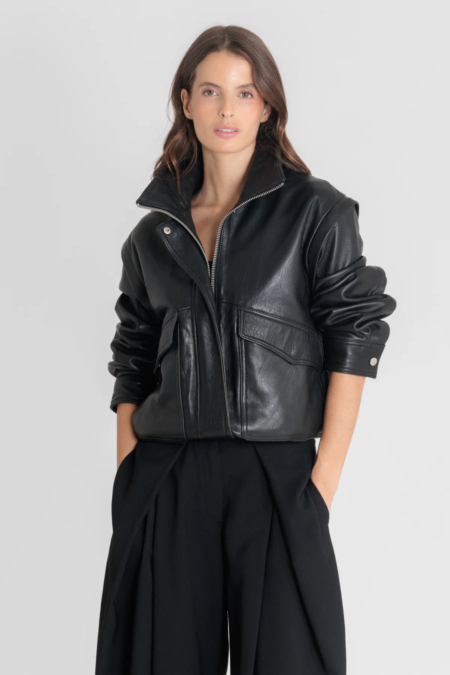 Blouson cuir femme FLOW Black oversize vue de face