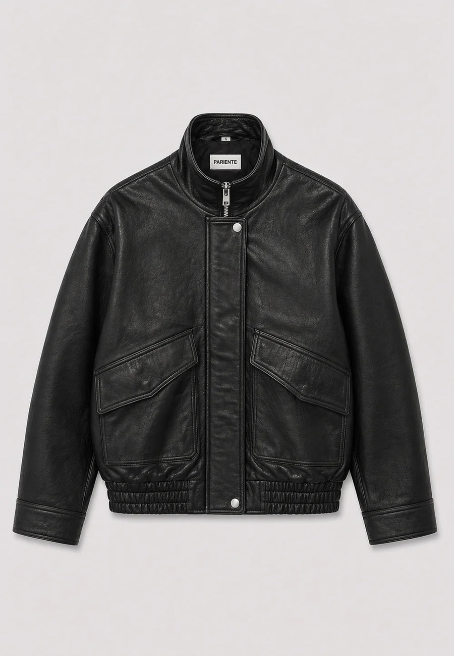 Détail du blouson cuir noir FLOW Serge Pariente