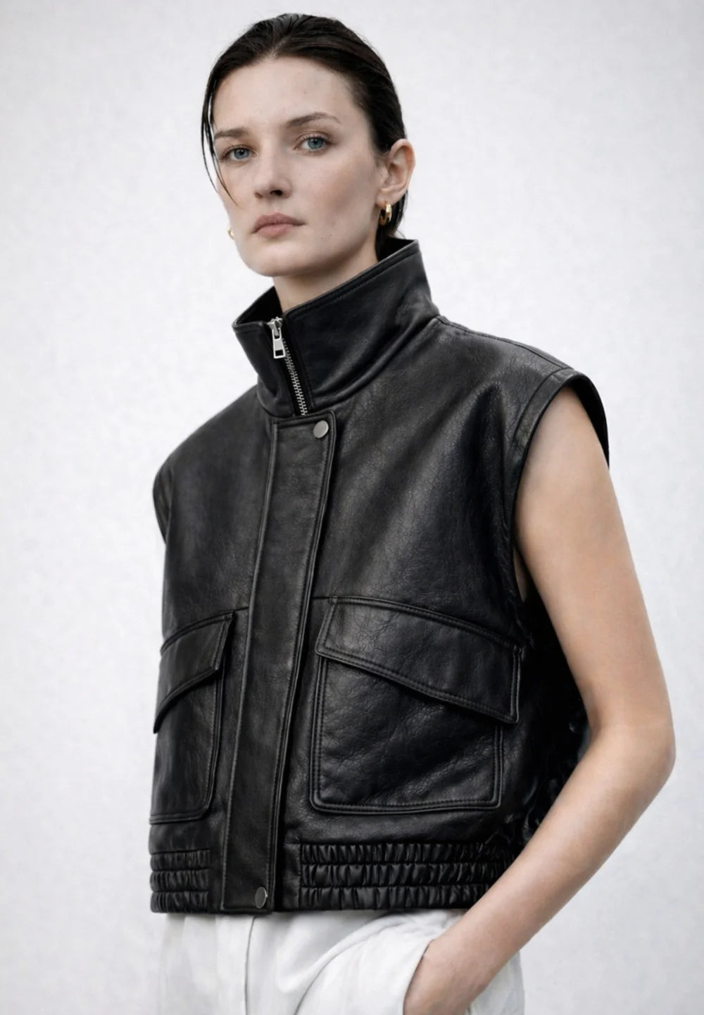 Blouson cuir femme FLOW Black oversize vue de profil sans manches
