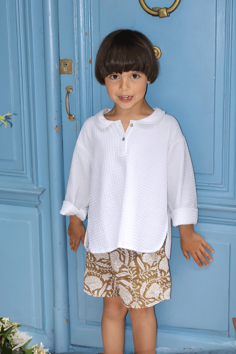 L'ÎLE BLEUE - SHORT BOUBOU POUR GARÇON EN BLOCKPRINT FLEURI