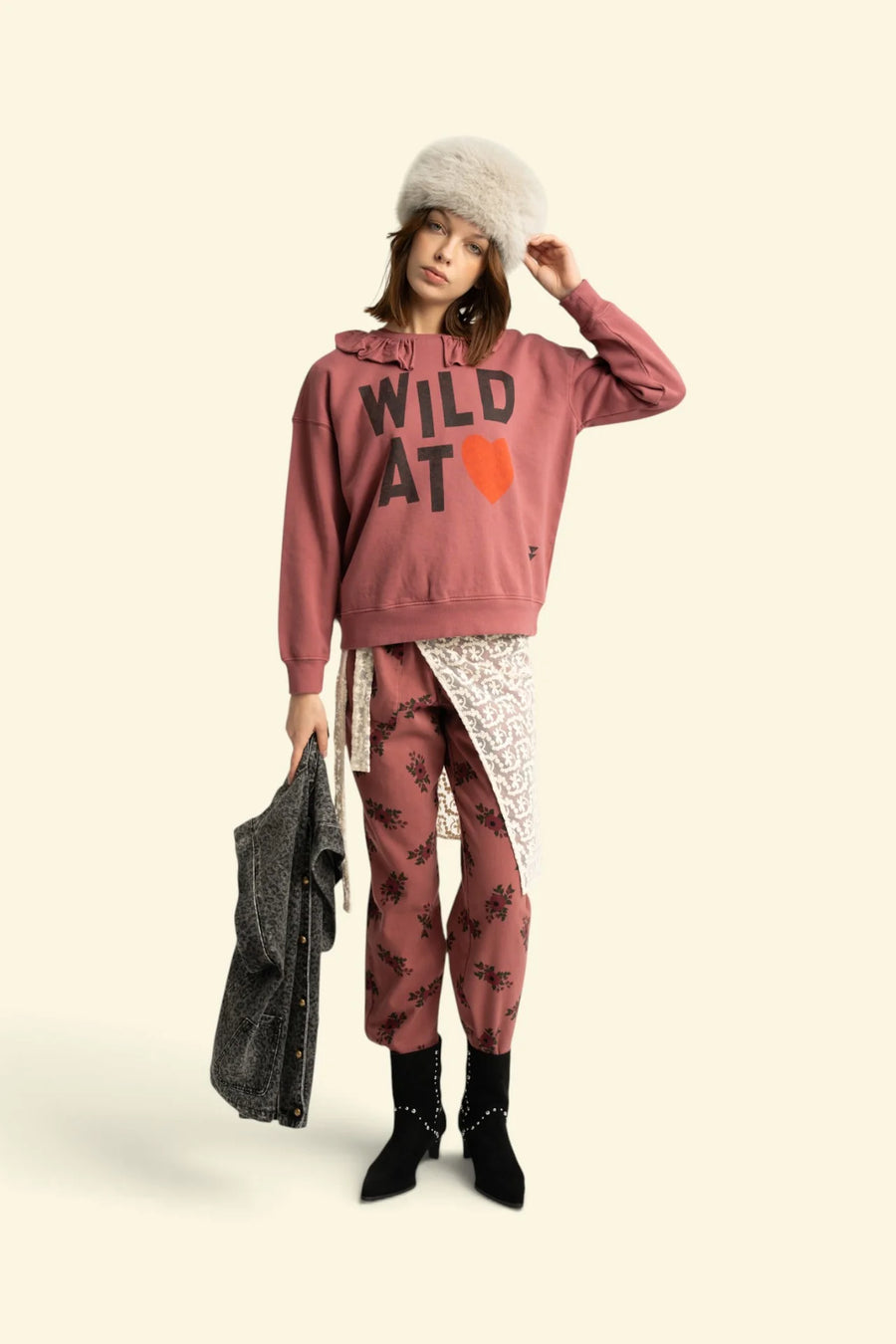 Sweat à col volanté Rose imprimé